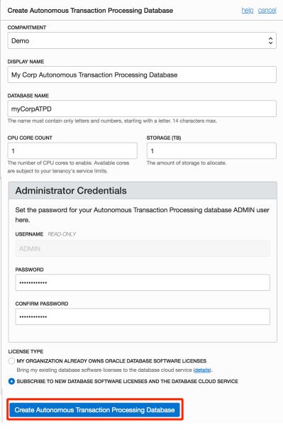 Create Autonomous Transaction Processing Database Dialog